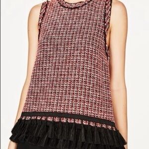 Red and black tweed top with fringe